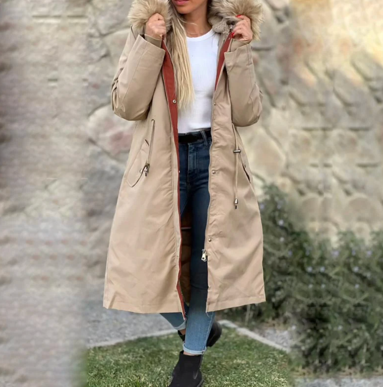 Parka informal con cuello de piel y capucha de invierno para mujer